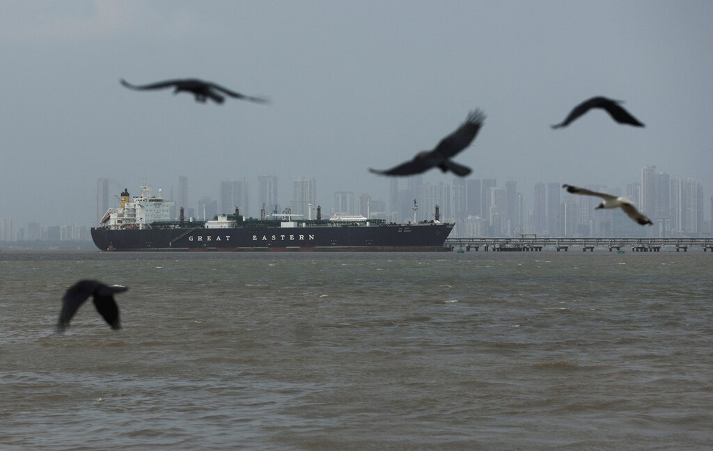 Birds fly near the Jag Vasant vessel transferring LPG at a port after transiting the Strait of Hormuz amid energy supply disruptions linked to the U.S-Israeli conflict with Iran, in Mumbai, India, April 1, 2026.