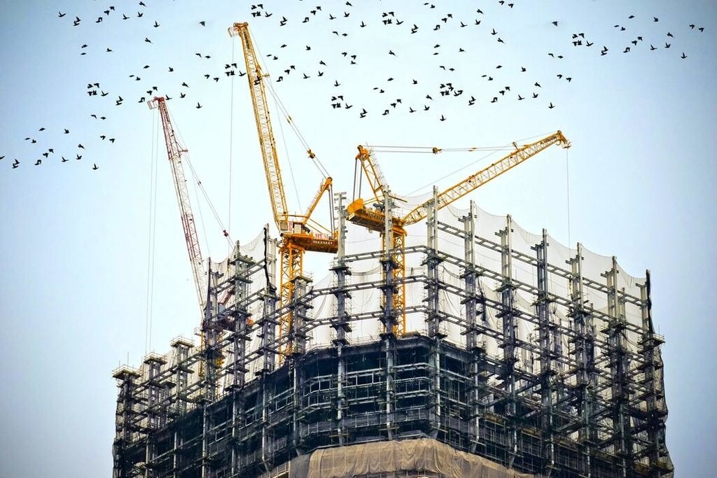 Large cranes work on a construction site as birds fly overhead