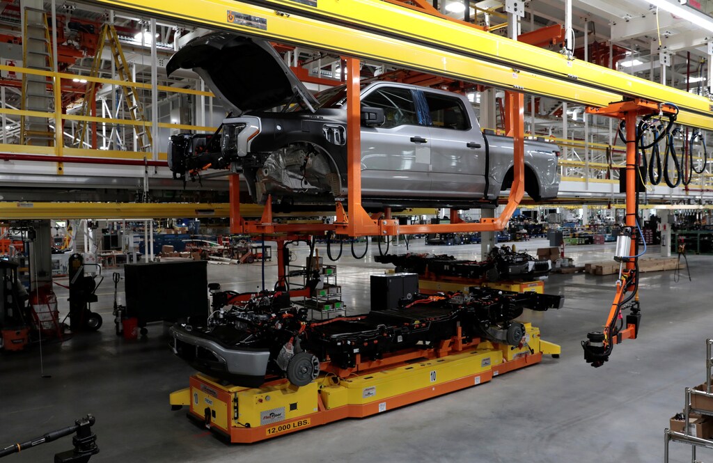 Parts of a Ford pre-production all-electric F-150 Lightning truck prototype are seen at the Rouge Electric Vehicle Center in Dearborn, Michigan, U.S. September 16, 2021. REUTERS/Rebecca Cook - RC23RP9XPX2D