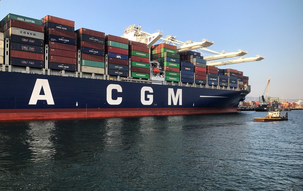 The CMA CGM George Washington cargo ship, flying Britain's flag, is pictured docked at the Port of Oakland in the San Francisco Bay, California, U.S. on August 11, 2017.