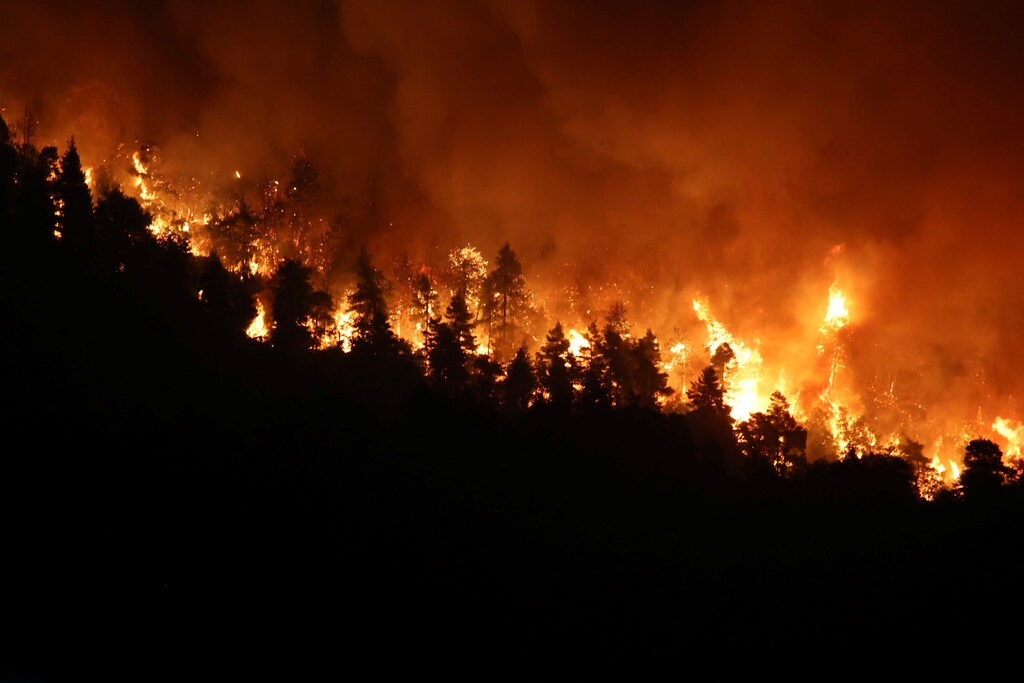 Flames rise as a wildfire burns near the village of Monokaria, on the island of Evia, Greece, August 7, 2021. REUTERS/Nicolas Economou - RC2H0P932H6B