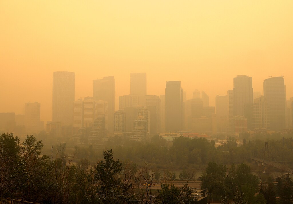 Smoke is seen as some 90 wildfires are active in Alberta, with 23 out of control, according to the provincial government, in Calgary, Alberta, Canada May 16, 2023. REUTERS/Leah Hennel