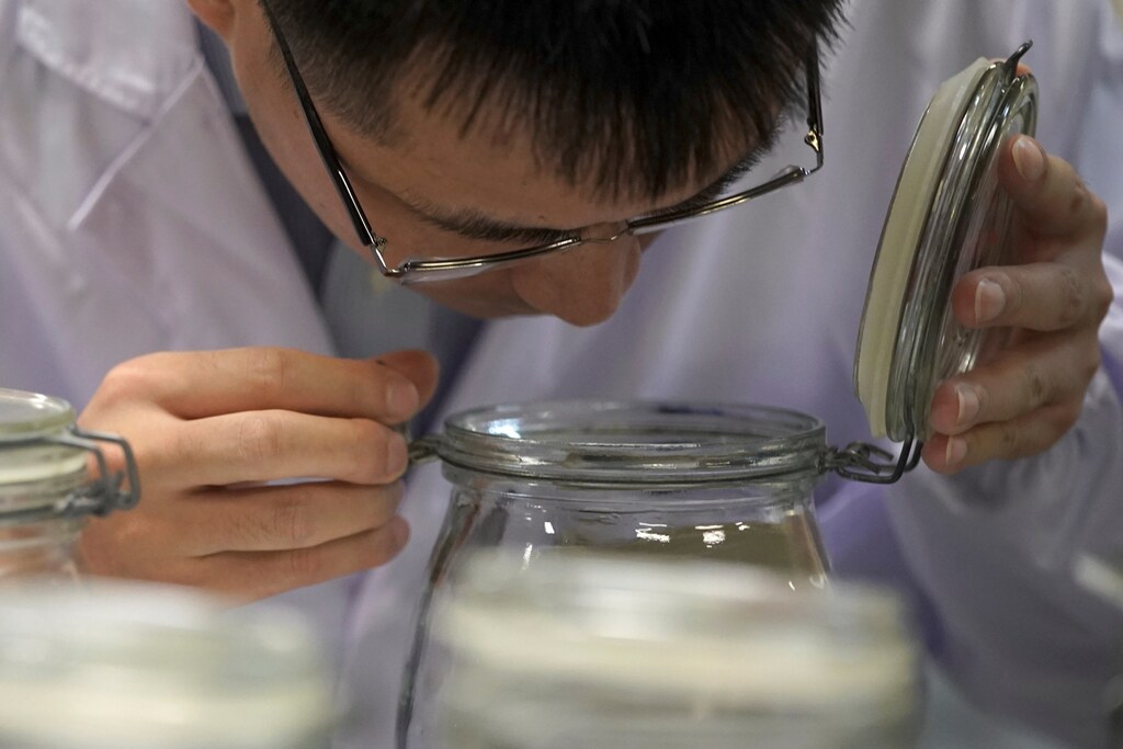 An employee conducts an "odor test" at the Polymer Laboratory at Ford's research and development center in Nanjing, China July 12, 2017. Picture taken July 12, 2017. REUTERS/Aly Song - RTX3C559