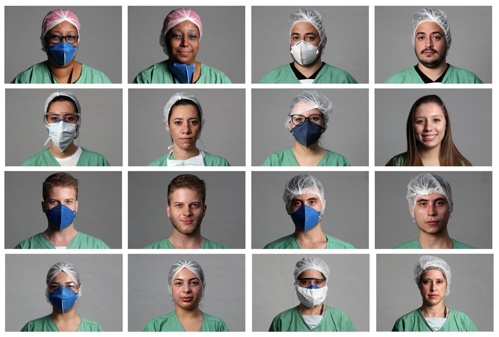 A combination photo shows healthcare workers Vasti Portela, 48, Jimmy Teixeira Acha, 30, Dieree?Katura Porto, 32, Luana Gisele Dadamo, 20, Felipe Daiko, 25, Rodrigo Meirelles, 23, Caroline Pereira, 20 and Daniela Quiaratto, 42, as they pose for pictures at a field hospital set up at a sports gym, to treat patients suffering from the coronavirus disease (COVID-19) in Santo Andre, Sao Paulo state, Brazil, May 6, 2020. Pictures taken May 6, 2020. REUTERS/Amanda Perobelli - RC2UJG9UDMKU