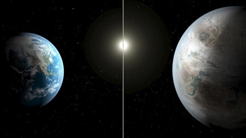 An artistic illustration compares Earth (L) to a planet beyond the solar system that is a close match to Earth, called Kepler-452b in this NASA image released on July 23, 2015. The planet, which is about 60 percent bigger than Earth, is located about 1,400 light years away in the constellation Cygnus, the scientists told a news conference on Thursday.