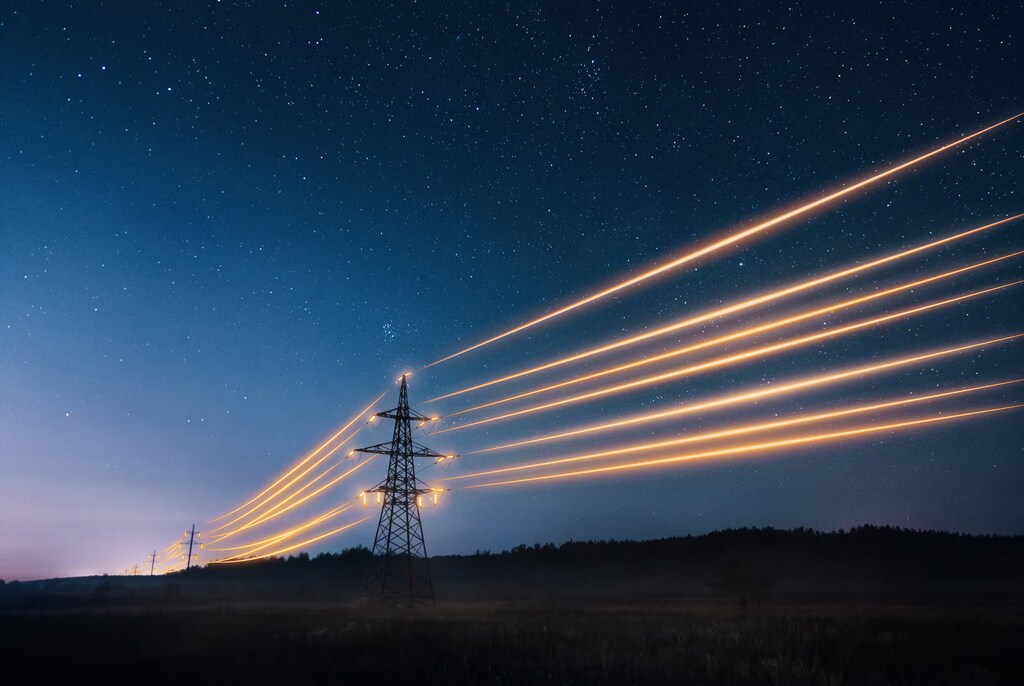 Torres de transmisión eléctrica con cables brillantes en un cielo nocturno estrellado. Concepto de infraestructura crítica.