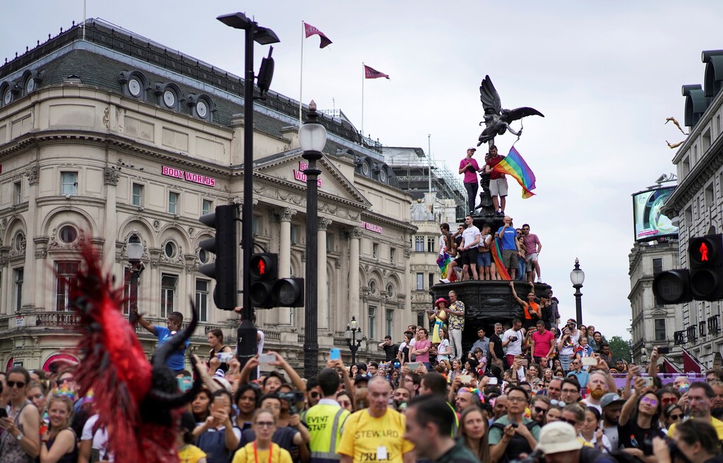 The Pride march in London, which has been postponed this year because of the coronavirus.