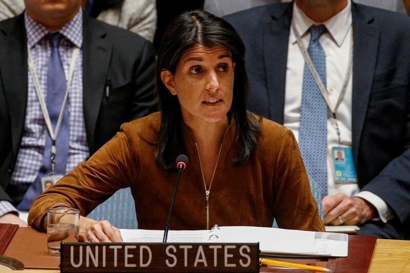 U.S. Ambassador to the United Nations Nikki Haley speaks for a bid to renew an international inquiry into chemical weapons attacks in Syria, during a meeting of the U.N. Security Council at the United Nations headquarters in New York, U.S., November 17, 2017. REUTERS/Brendan McDermid - RC14A6407220