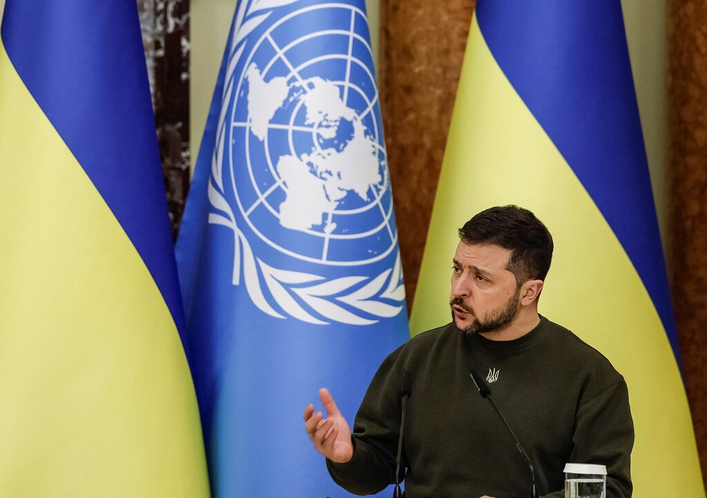 Ukraine's President Volodymyr Zelenskiy at a press conference as crypto plays a role in war against Russia in Kyiv, Ukraine, March 8, 2023. REUTERS/Alina Yarysh