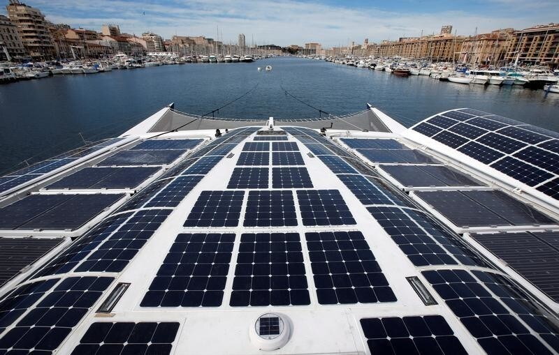 Solar panels are seen on Energy Observer, the first self-sustainable eco-friendly boat, moored at the Marseille harbour, before leaving for a Mediterranean tour, France, March 28, 2018.