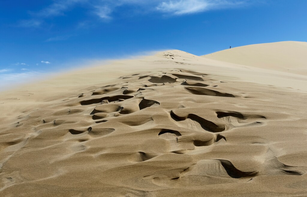 A tourist stands at an edge of the singing sand, the 150-metre-high by three-kilometre-long dune that generates a low-pitched, organ-like rumble in dry weather, in Altyn-Emel national park in Almaty region, Kazakhstan, May 12, 2016. REUTERS/Shamil Zhumatov SEARCH "SINGING SANDS" FOR THIS STORY. SEARCH "THE WIDER IMAGE" FOR ALL STORIES TPX IMAGES OF THE DAY - RTX2GQWO