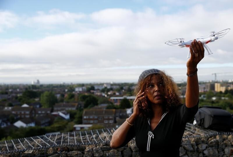 Activist Valerie Milner-Brown poses with a drone near Heathrow Airport in London, Britain, September 12, 2019. REUTERS/Henry Nicholls - RC1677BE6B10