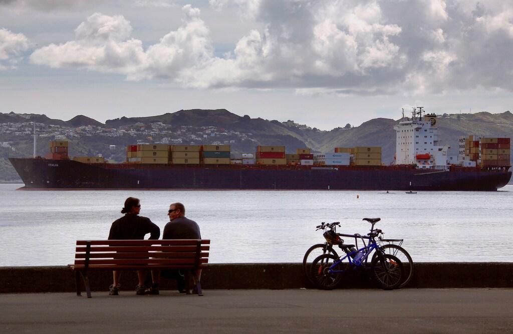 supply chains - man and a woman sit on a seat next to their bicycles as a container ship sails into Oriental Bay in the New Zealand capital city of Wellington September 17, 2011.