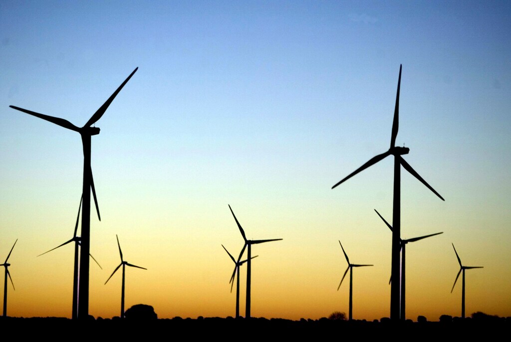 Giant wind turbines dot the sky at dawn near Honrrubia, central Spain, early February 11, 2004. Spain is the world's second-largest producer of wind power after Germany. The growing renewable energy industry has created thousands of new jobs and the government projects wind power capacity will nearly triple by 2011 to help meet demand and reach Kyoto Protocol targets for reducing greenhouse gas emissions. Wind energy is captured through wind turbines that usually consist of three blades which rotate due to the air pressure exerted on them by strong winds which powers an electric generator that can be connected to a local utility grid or used alone. NO RIGHTS CLEARANCES OR PERMISSIONS ARE REQUIRED FOR THIS IMAGE NTRES REUTERS/Sergio Perez SP/JV - RP4DRIFTMAAA