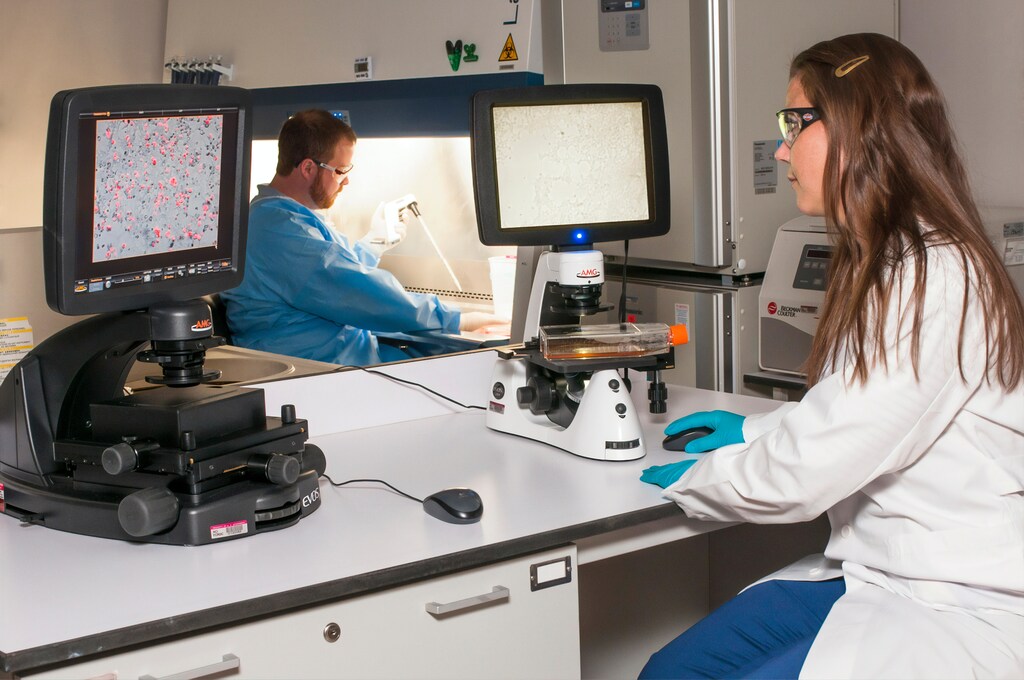 A technician viewing cells on a microscope and another using a pipette at the National Cancer Institute.