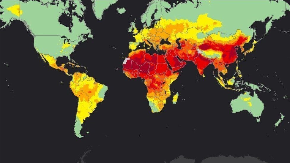Las zonas más afectadas por la contaminación del aire son aquellas pintadas de rojo. El satélite no distingue materia particulada gruesa y fina, por lo que el rojo sobre África se debe a las tempestades de arena del Sahara. La arena es un tipo de materia particulda gruesa, menos dañina que la fina, que afecta seriamente al corazón y al cerebro.
