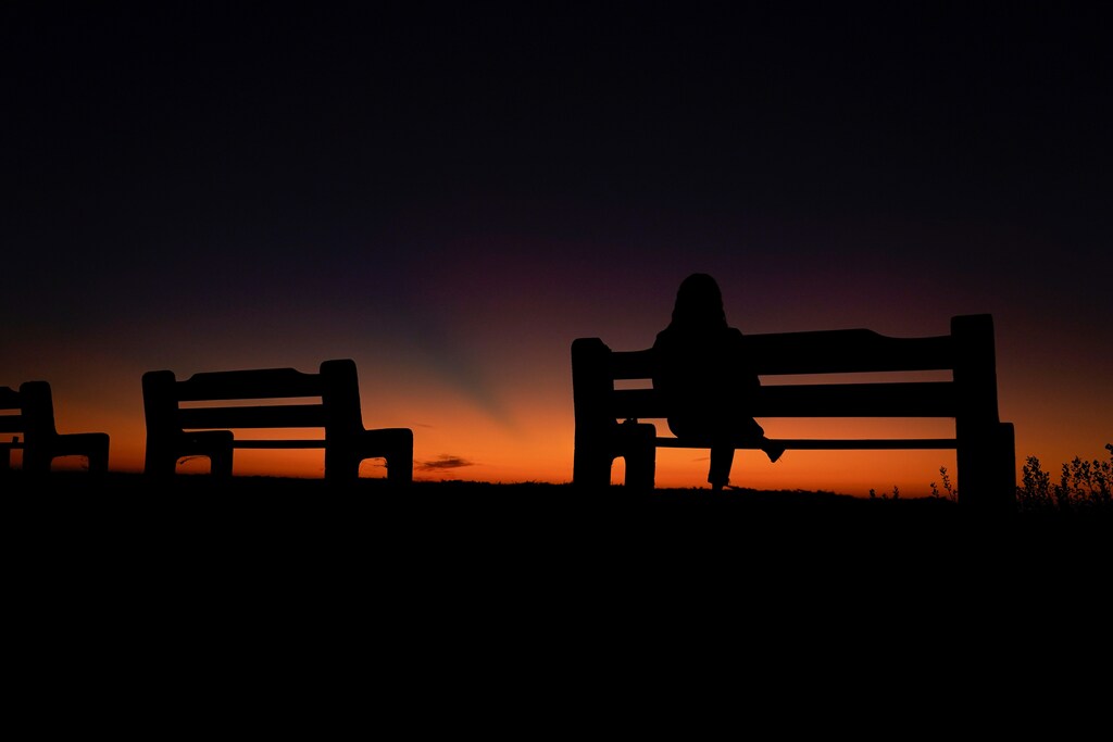 A women sits alone on a park bench watching the sky after sun set in Encinitas, California, U.S. October 7, 2019. REUTERS/Mike Blake - RC153DF2FBA0