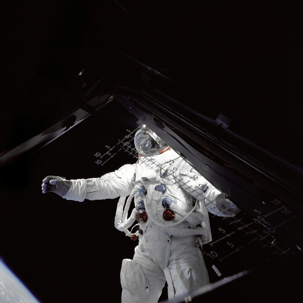 Astronaut Russell Schweickart, lunar module pilot, stands on the module's deck during his spacewalk on the fourth day of the Apollo 9 mission, in this photograph was taken from inside the lunar module "Spider" by mission commander James McDivitt, in March 1969. James McDivitt/NASA/Handout via REUTERS THIS IMAGE HAS BEEN SUPPLIED BY A THIRD PARTY. - RC1BF69BA8F0