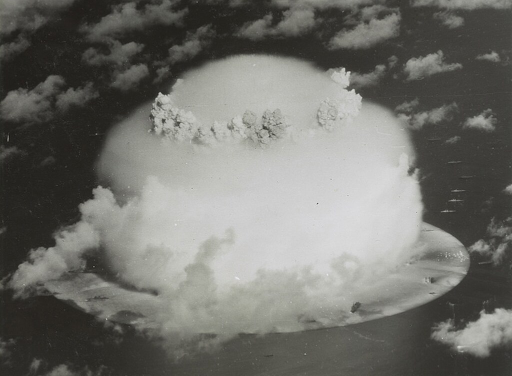 A mushroom cloud rises with ships below during Operation Crossroads nuclear weapons test on Bikini Atoll, Marshall Islands in this 1946 handout provided by the U.S. Library of Congress. The United States said on April 25, 2014, it was examining lawsuits filed by the Marshall Islands against it and eight other nuclear-armed countries that accuse them of failing in their obligation to negotiate nuclear disarmament. REUTERS/U.S. Library of Congress/Handout via Reuters (MARSHALL ISLANDS - Tags: POLITICS MILITARY CONFLICT TPX IMAGES OF THE DAY) ATTENTION EDITORS - FOR EDITORIAL USE ONLY. NOT FOR SALE FOR MARKETING OR ADVERTISING CAMPAIGNS. THIS PICTURE WAS PROVIDED BY A THIRD PARTY. REUTERS IS UNABLE TO INDEPENDENTLY VERIFY THE AUTHENTICITY, CONTENT, LOCATION OR DATE OF THIS IMAGE. THIS PICTURE IS DISTRIBUTED EXACTLY AS RECEIVED BY REUTERS, AS A SERVICE TO CLIENTS - RTR3MON4
