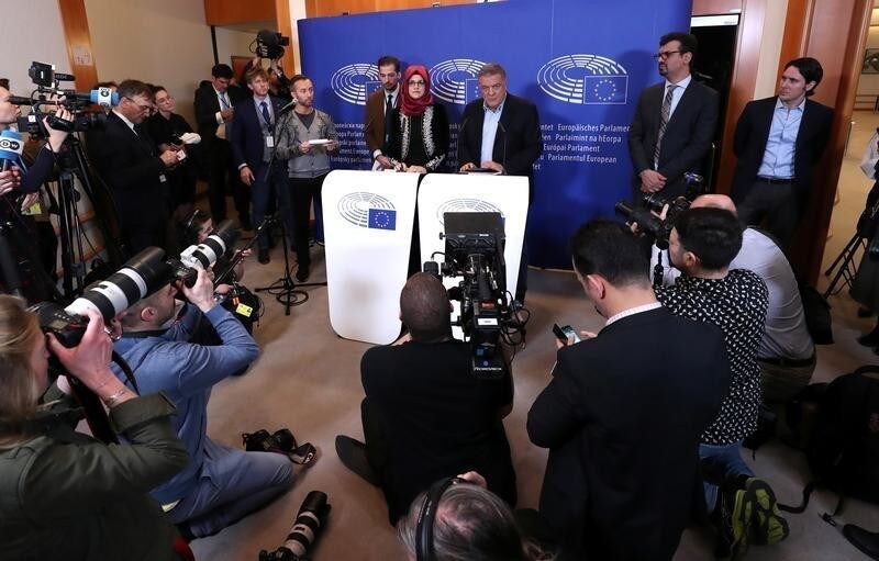 Hatice Cengiz, the fiancee of late Saudi journalist Jamal Khashoggi talks to reporters after attending a subcommittee on Human Rights meeting at the European Parliament in Brussels, Belgium February 19, 2019. REUTERS/Yves Herman - RC14F44C2100