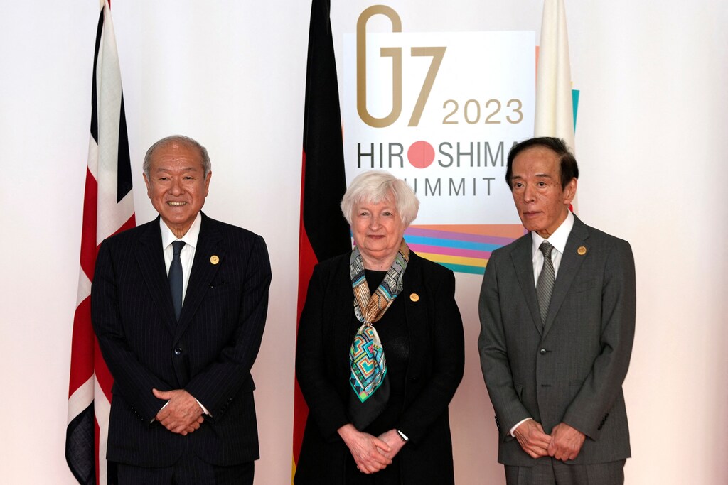 U.S. Treasury Secretary Janet Yellen, center, poses with Japanese Finance Minister Shunichi Suzuki, left,Â and Governor of the Bank of Japan Kazuo Ueda, right, Â on her arrival at the welcome reception of the G7 meeting of finance ministers and central bank governors, at Toki Messe in Niigata, Japan.