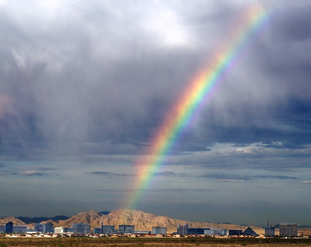 A rainbow appears over hotels on the Las Vegas Strip in Las Vegas, Nevada,after a rainstorm July 26, 2003. More storms are expected in the area forseveral days as the local monsoon season continues. NO RIGHTS CLEARANCES OR PERMISSIONS ARE REQUIRED FOR THIS IMAGEREUTERS/Ethan MillerEM/WS - RP4DRHYJGHAB