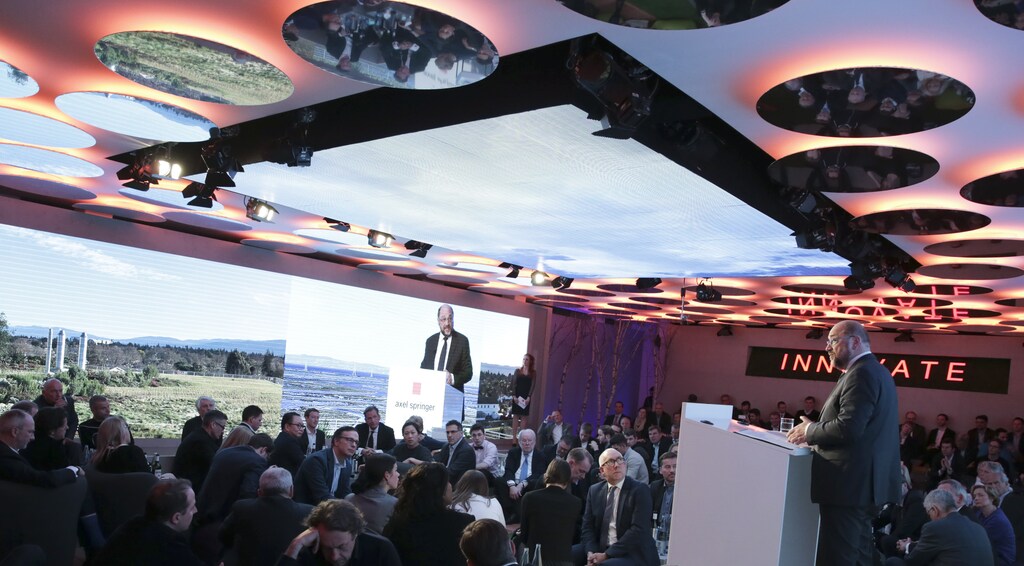 Martin Schulz, President of the European Parliament, makes a speech during the awards ceremony of the newly established Axel Springer Award in Berlin, Germany, February 25, 2016. Facebook founder and CEO Mark Zuckerberg is the first to receive the award at a ceremony on Thursday. REUTERS/Kay Nietfeld/Pool - RTX28LVB