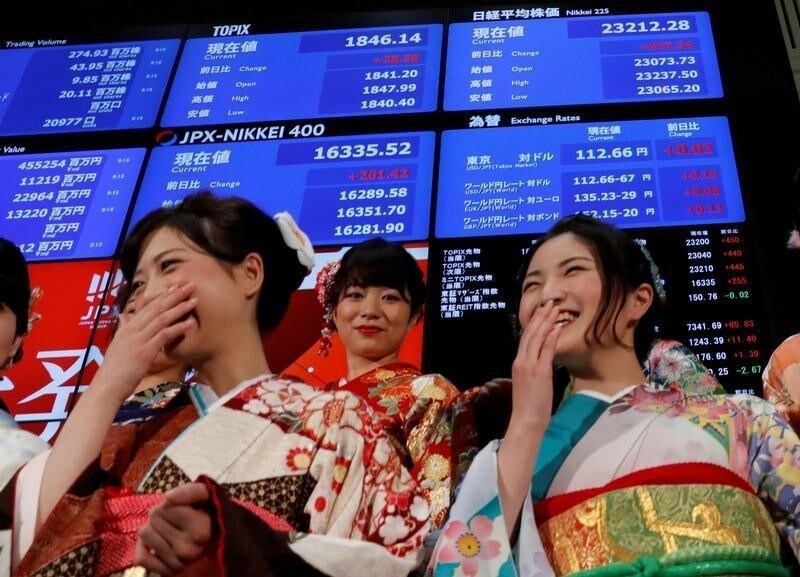 Women, dressed in ceremonial kimonos, smile in front of an electronic board displaying the Nikkei average (top in R) as they pose after the ceremony which kicks off the first day of trading in 2018 at the Tokyo Stock Exchange in Tokyo, Japan January 4, 2018. REUTERS/Kim Kyung-Hoon TPX IMAGES OF THE DAY - RC1DEA81E690