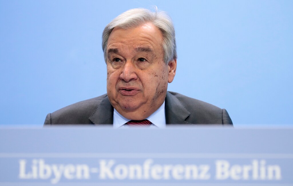 United Nations Secretary-General Antonio Guterres speaks during a news conference after the Libya summit in Berlin, Germany, January 19, 2020. REUTERS/Axel Schmidt/Pool - RC26JE9UE8W1