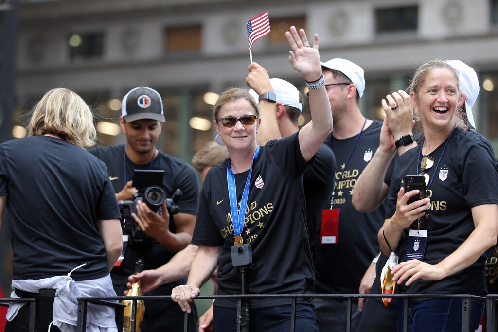 Jul 10, 2019; New York, NY, USA; United States women's national team head coach Jill Ellis waves from her float during the ticker-tape parade for the United States women's national soccer team down the canyon of heroes in New York City. Mandatory Credit: Brad Penner-USA TODAY Sports - 13024922