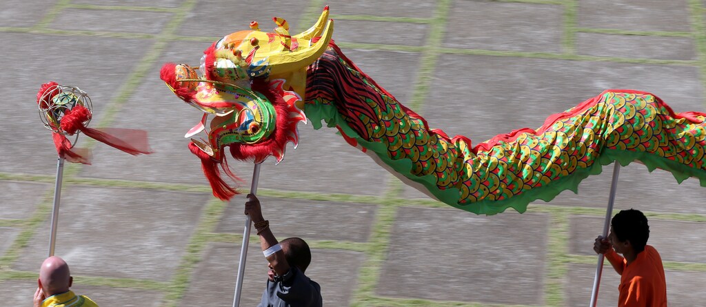 A fire dragon dance during Chinese Lunar New Year celebrations in Cotia, Brazil