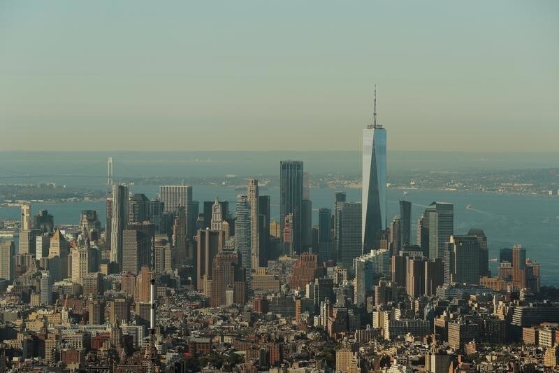 One World Trade rises above lower Manhattan as seen from an apartment in the Central Park Tower building as the building celebrates its topping out in New York, U.S. September 17, 2019. REUTERS/Lucas Jackson - RC1EB6B8C4C0