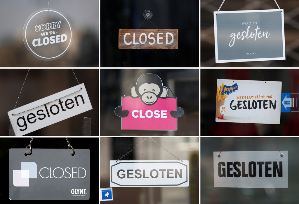 A combination picture shows signs on doors of temporarily closed restaurants and shops in central Maastricht after Dutch schools, cafes, restaurants and sport clubs were told to close down as the Netherlands imposed tight restrictions to prevent the spread of the coronavirus disease (COVID-19), Netherlands March 16, 2020. REUTERS/Francois Lenoir - RC24LF9TSBYT