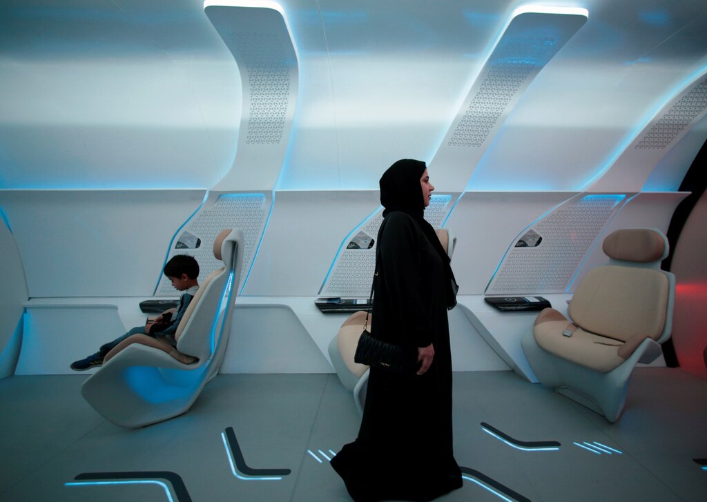 Roads and Transport Authority (RTA) unveiled the design model of the hyperloop in Dubai, United Arab Emirates February 22, 2018. Hyperloop technology uses an electromagnetic propulsion system to accelerate the movement of goods and services through a vacuum tube. The system is designed to assist the levitation of the capsule slightly off the track within the tube and move it at speed up to 1200 km/hour. Accordingly, the hyperloop could travel between Dubai and Abu Dhabi in 12 minutes (about 90 minutes in a car), and lift about 10,000 passengers per hour in both directions. REUTERS/Christopher Pike - RC12AC952AB0