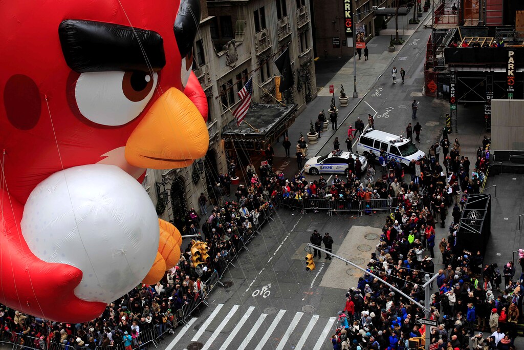 an Angry Birds float, based on the videogame by Finnish tech firm Rovio, makes its way down 6th Avenue, New York.