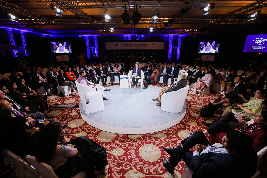 Prakash Javadekar, Minister of Environment, Forest and Climate Change, and Information and Broadcasting of India, Nicole Schwab, Director International Relations, National Geographic Society, USA; Young Global Leader, Cultural Leader and Sadhguru, Founder, Isha Foundation, India speaking during the Session "There is No Planet B" at the India Economic Summit 2019 in New Delhi, India, Copyright by World Economic Forum / Benedikt von Loebell