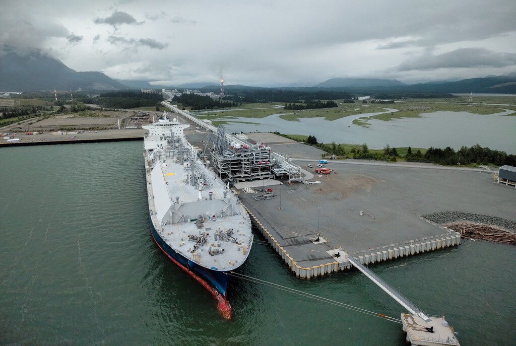 A liquefied natural gas (LNG) tanker at a port in British Columbia, Canada.