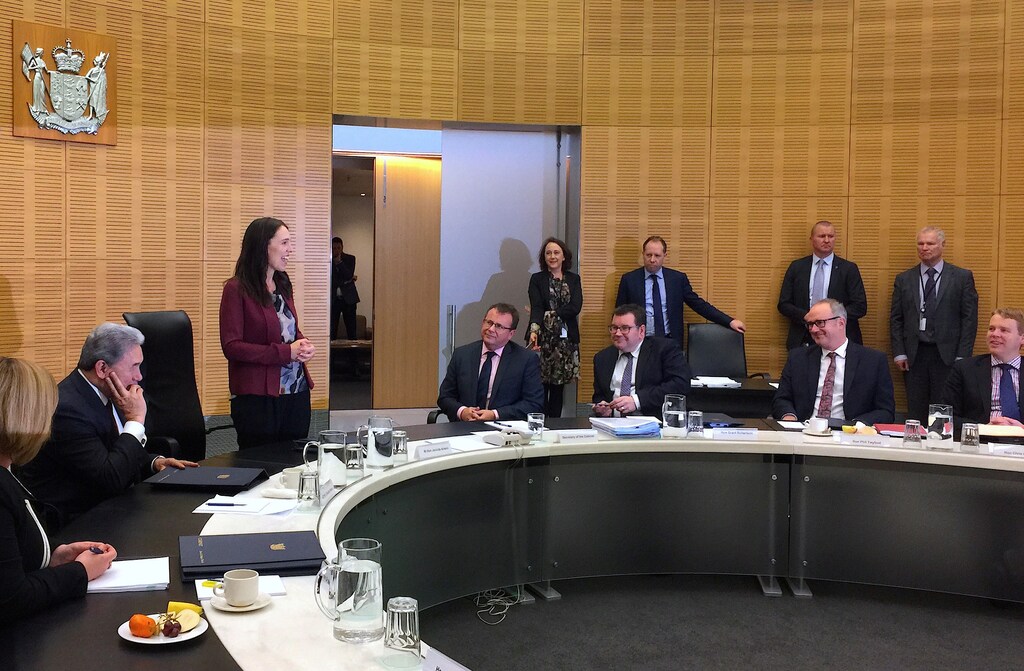 New Zealand Prime Minister Jacinda Ardern speaks as she attends her first cabinet meeting since returning from maternity leave in Wellington, New Zealand, August 6, 2018. REUTERS/Charlotte Greenfield - RC18F96A9420