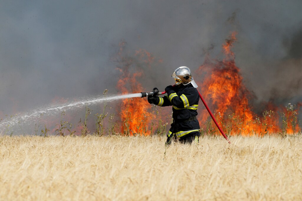 A French fireman sprays water as flames rise in a field of barley during harvest season in Niergnies, France, July 17, 2018. REUTERS/Pascal Rossignol - RC16495D1AF0