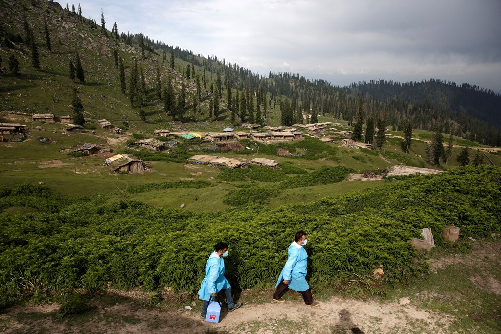 Healthcare workers arrive to vaccinate shepherds with COVISHIELD, a coronavirus disease (COVID-19) vaccine manufactured by Serum Institute of India, during a vaccination drive at Tosa Maidan in central Kashmir's Budgam district on June 21, 2021. REUTERS/Danish Ismail - RC225O9BVO98