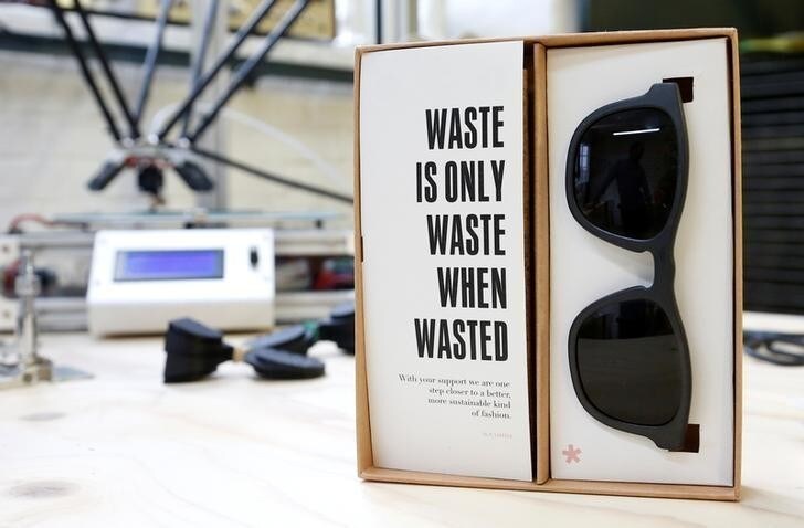 3D printed sunglasses made from plastic waste are pictured at Belgian start-up w.r.yuma in Antwerp, Belgium, August 30, 2017. Picture taken August 30, 2017. REUTERS/Francois Lenoir
