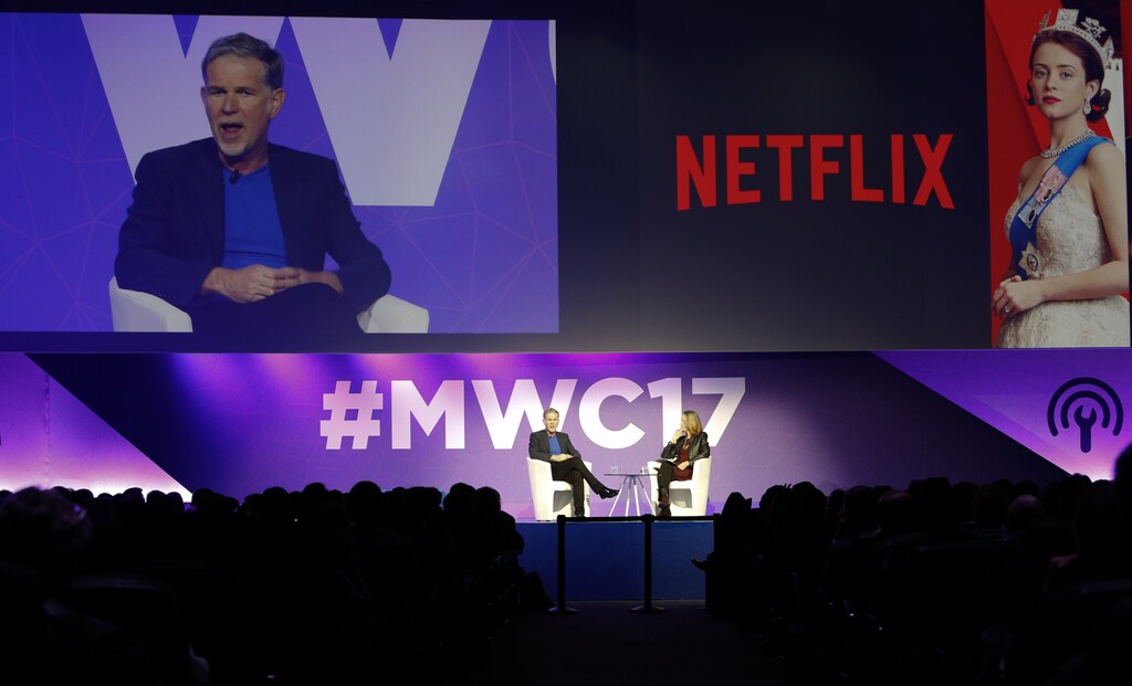 Netflix's Chief Executive Officer Reed Hastings delivers his keynote speech during Mobile World Congress in Barcelona, Spain, February 27, 2017. REUTERS/Paul Hanna - RTS10NUA