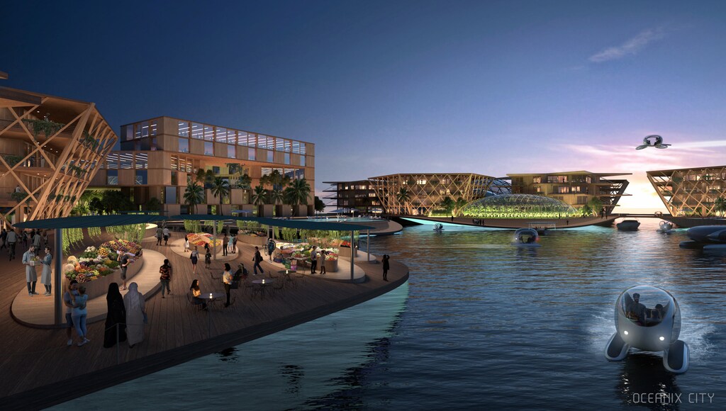 Concept art of what OCEANIX Busan could look like.