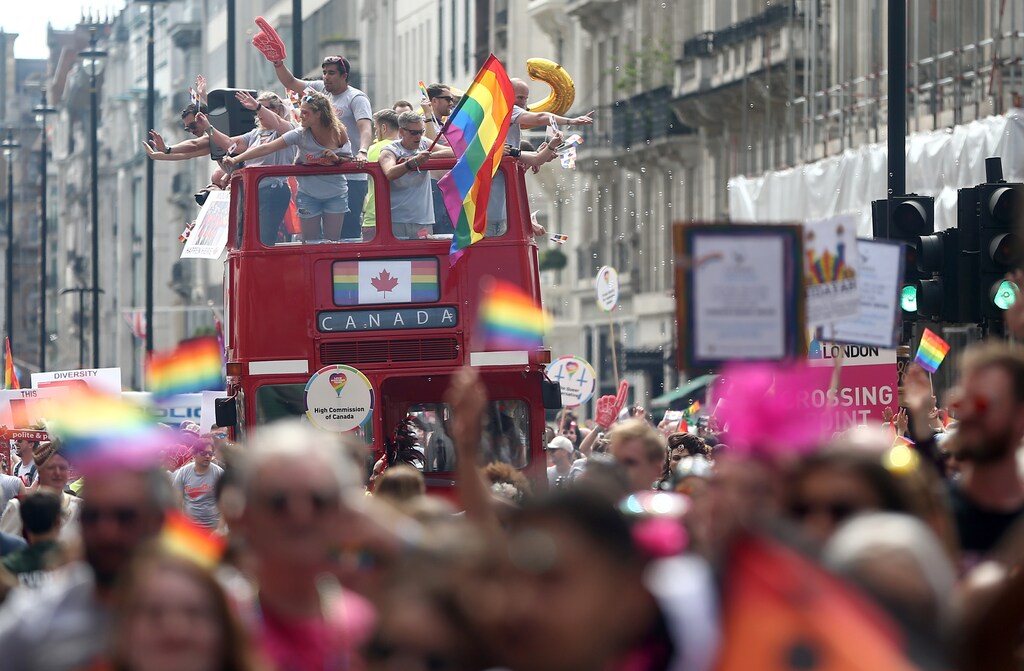 Participants take part in the annual Pride in London Parade, which started in Portland Place and ends in Whitehall, in central London, Britain July 8, 2017. REUTERS/Neil Hall