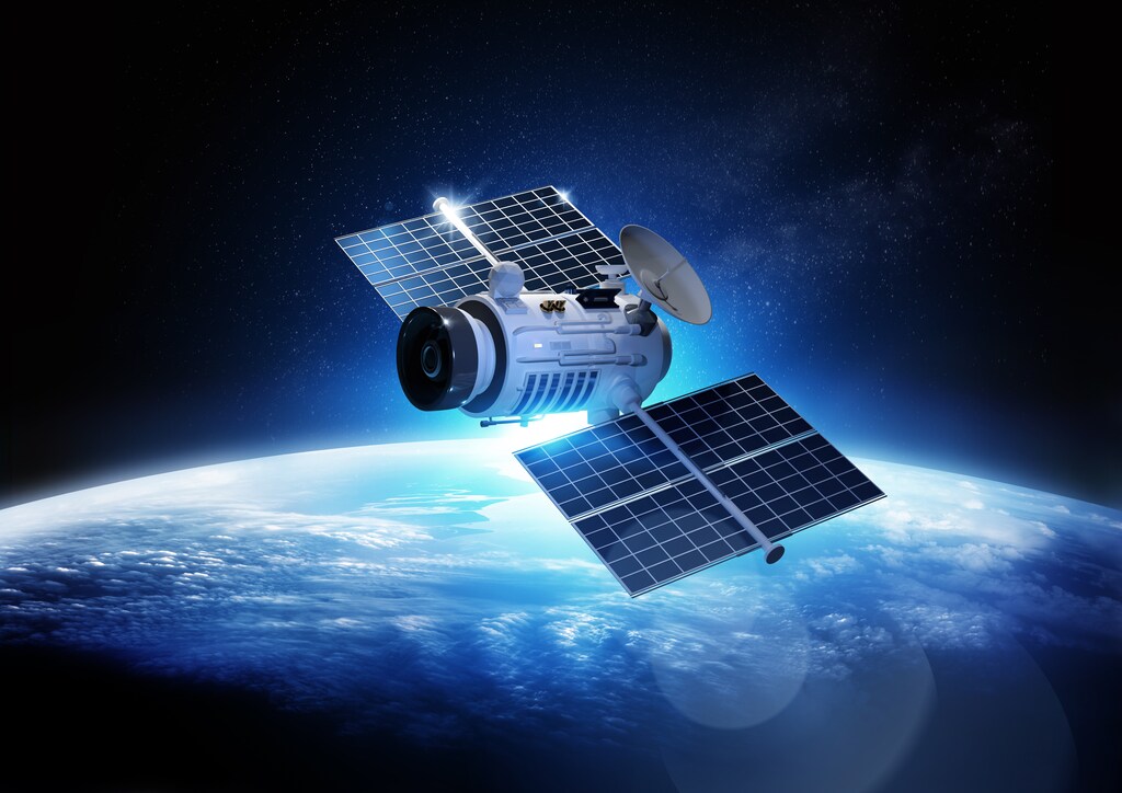 Communications Satellite orbiting and relaying information data back to earth. 3D Illustration, space tech