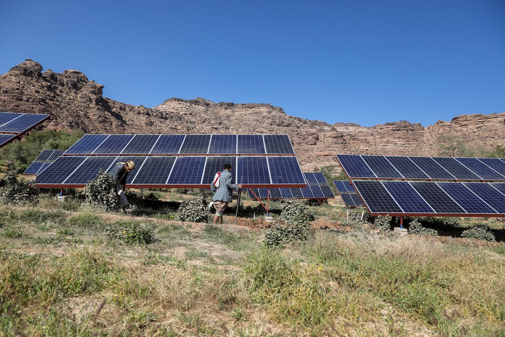 Farmers work next to solar panels at a farmland in Wadi Dhahr near Sanaa, Yemen October 28, 2019. Picture taken October 28, 2019. REUTERS/Khaled Abdullah - RC21DD9BIQVV