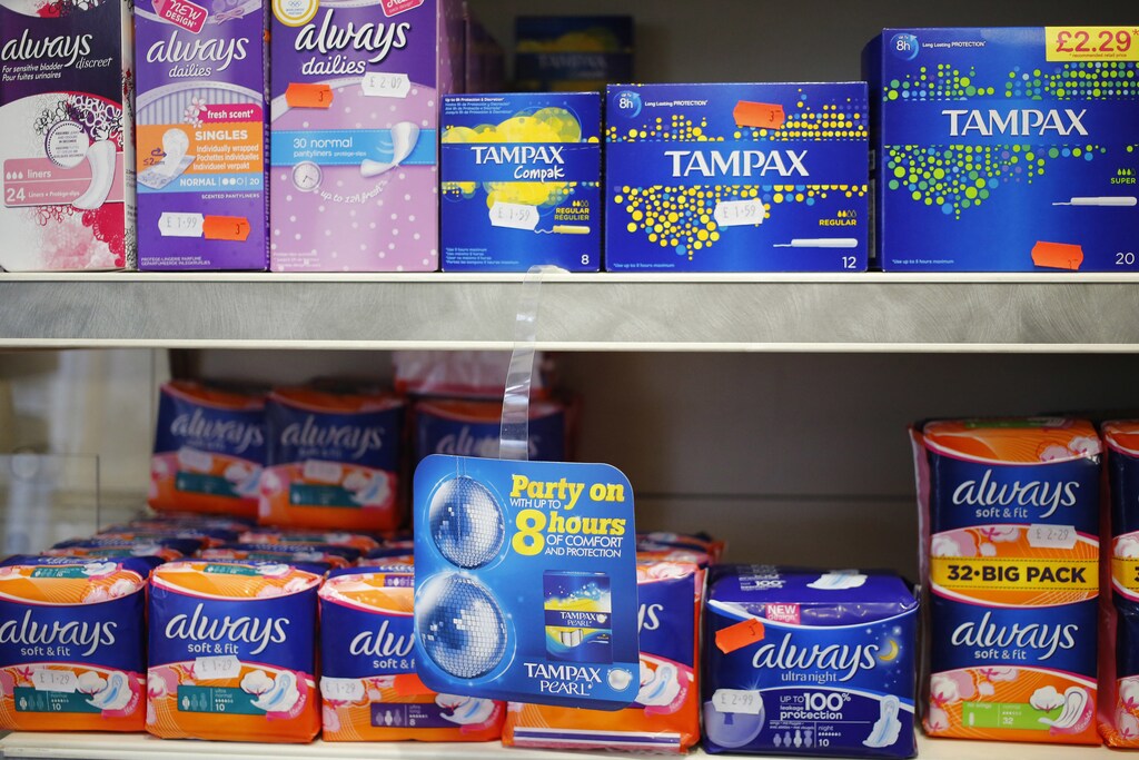 Feminine hygiene products are seen in a pharmacy in London, Britain March 18, 2016. Prime Minister David Cameron won backing at a European Union summit on Thursday to end the so-called "tampon tax" that has become a political football for Britons campaigning to leave the EU in a June referendum. REUTERS/Stefan Wermuth - LR1EC3I0XEOJ7