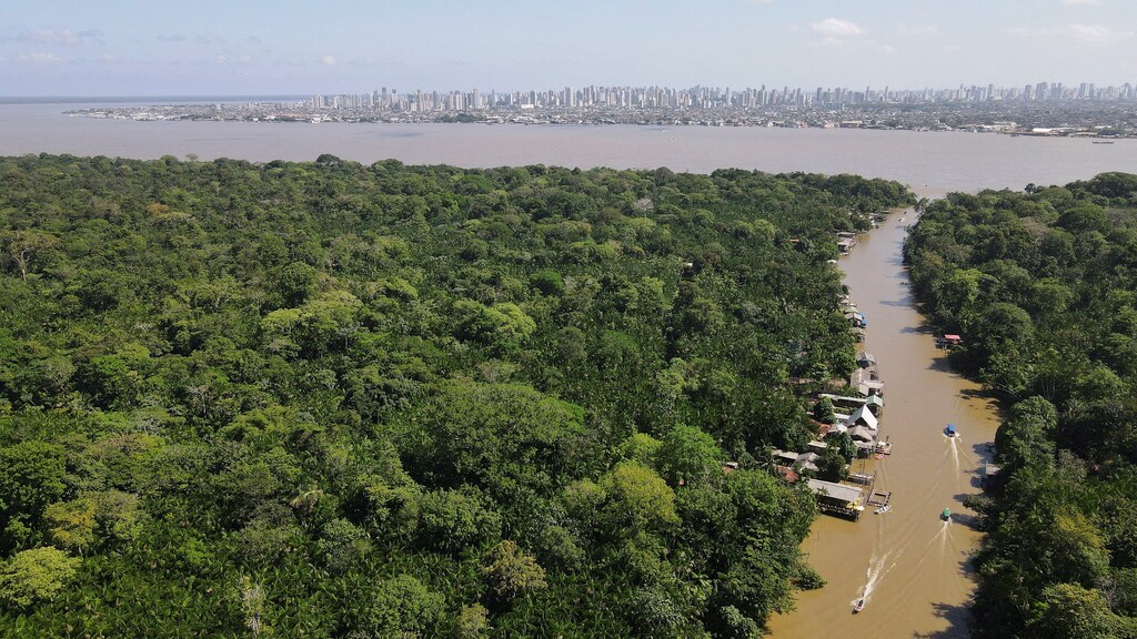 A drone image shows the Amazon rainforest and the city of Belém, Brazil, ahead of COP 30.