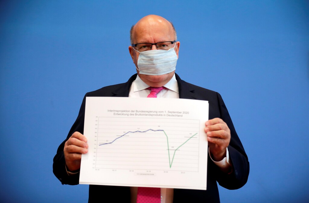 German Economy Minister Peter Altmaier wearing a face mask presents the government's updated economic outlook for 2020 in Berlin, Germany, September 1, 2020. REUTERS/Hannibal Hanschke - RC2LPI9WFDHI