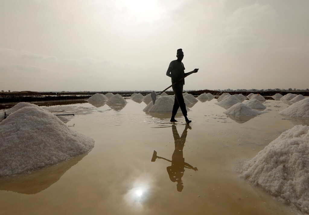 An employee at a salt production site in Ndiemou, on the outskirts of Fatick in Senegal, one of the 45 nations on the United Nations list of the least developed countries. Caption: The world’s least developed countries (LDCs) are not on track to reach a target of doubling their share in global trade exports by 2030.